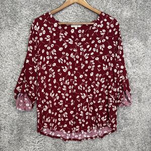 Beacon Women’s Blouse‎ Top Floral  Stretch V Neck Medium Roll Tab Sleeve